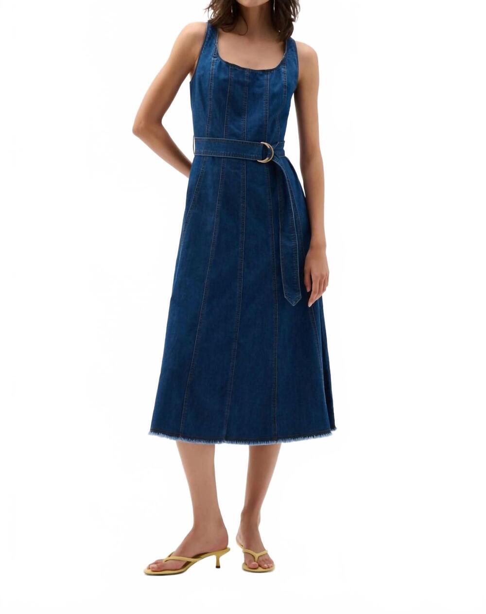 NEW JOSEPH RIBKOFF belted midi a-line dress in denim medium blue